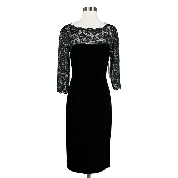 Eliza J Velvet and Lace Midi Sheath Cocktail Dress Size 6 Black 3/4 Long Sleeve - Picture 1 of 13